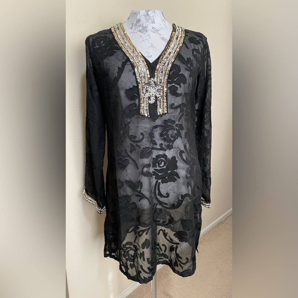 Peppermint Bay Sz S Swimwear Cover Up Kaftan Sheer Damask Beaded Sequins Tunic